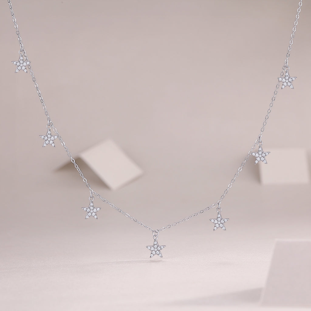Starry Moissanite Star Station Necklace in Sterling Silver