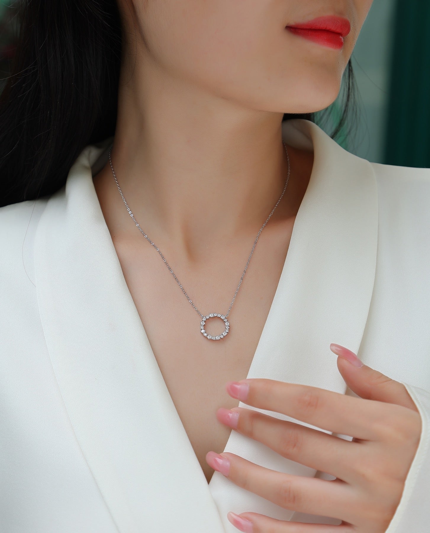 Ripple Moissanite Open Circle Necklace in Sterling Silver