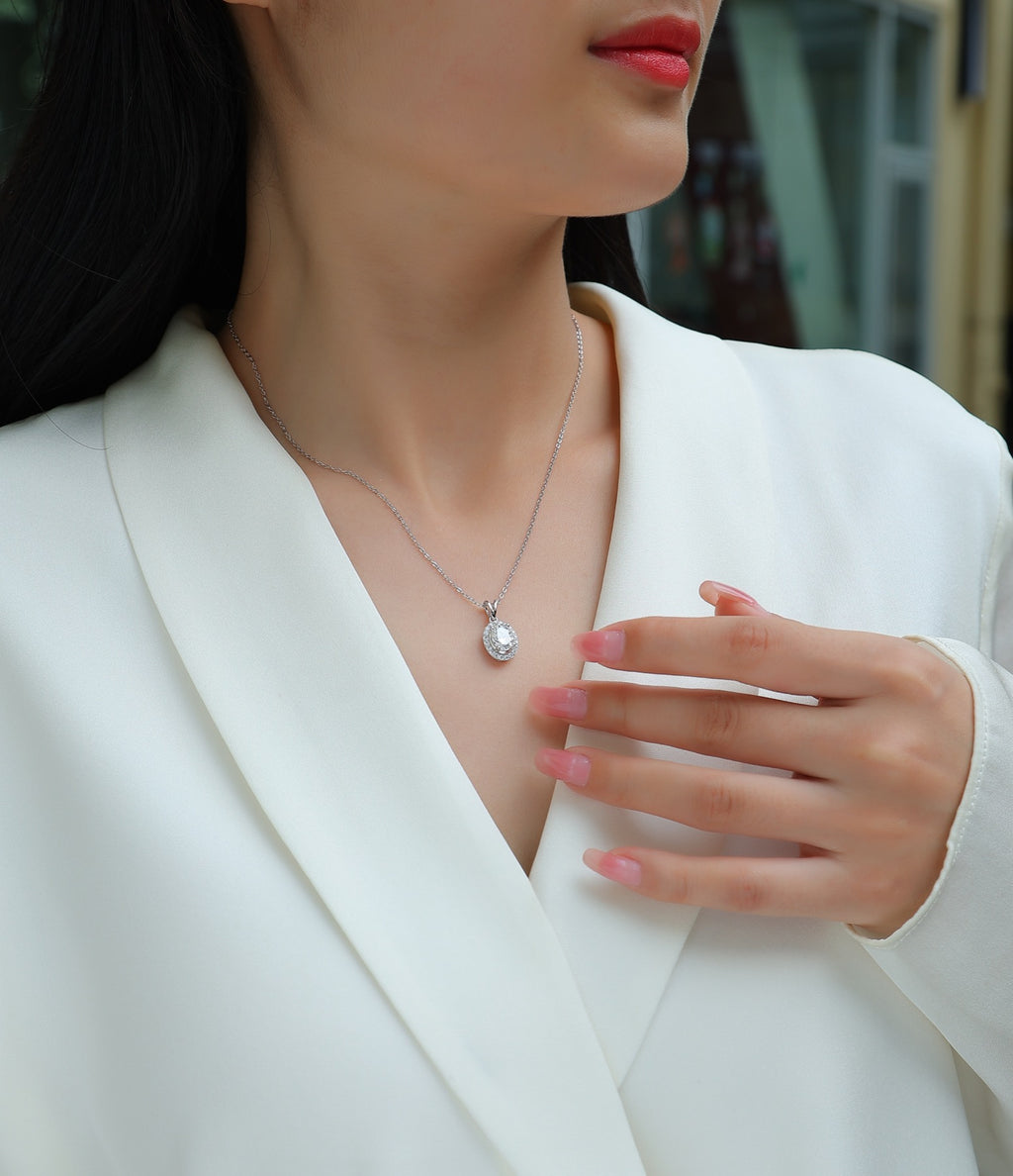 Verona Oval-Cut Moissanite Halo Pendant Necklace in Sterling Silver