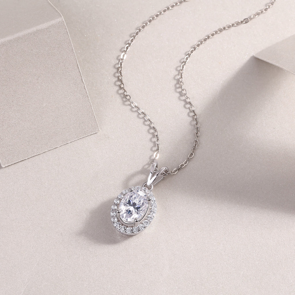 Verona Oval-Cut Moissanite Halo Pendant Necklace in Sterling Silver