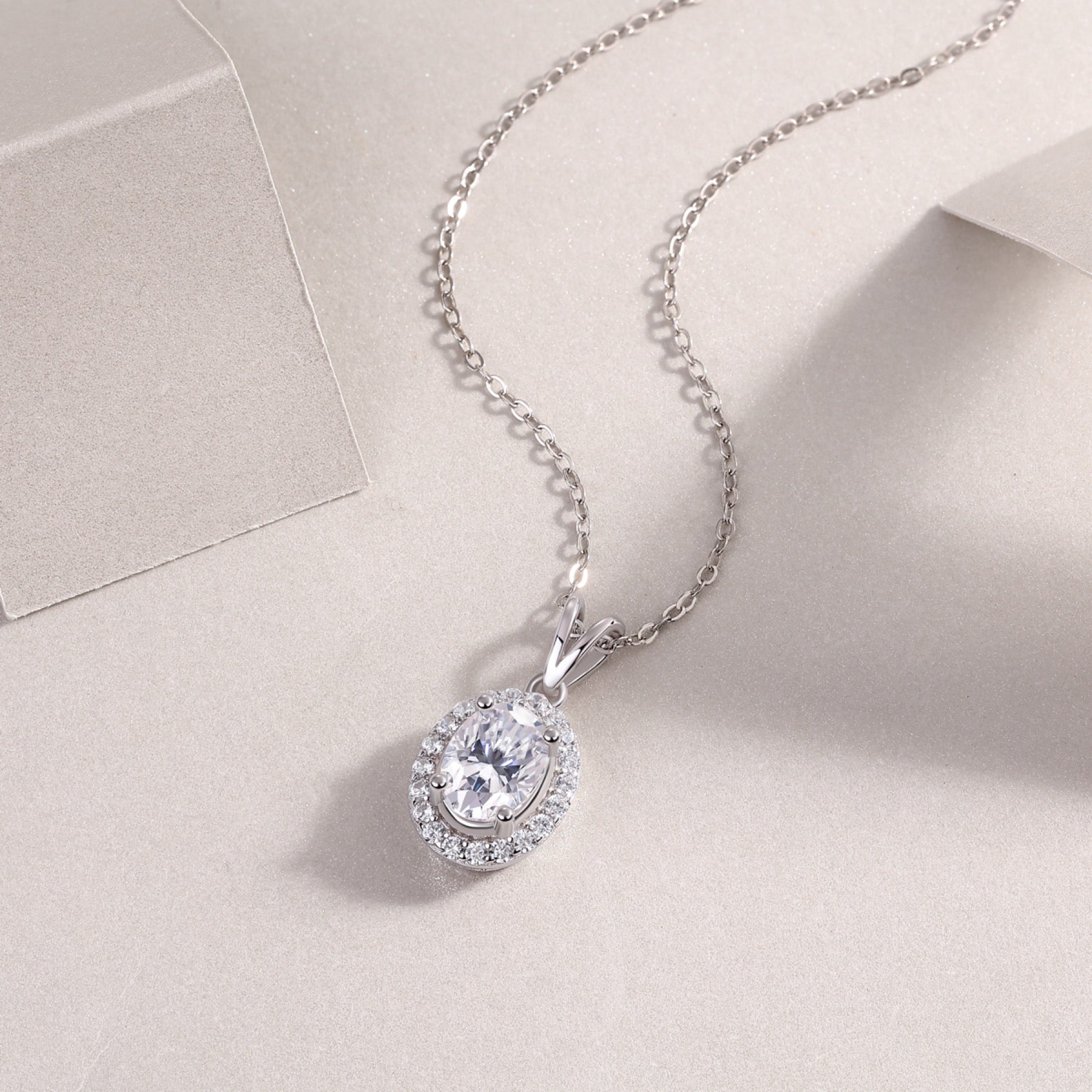 Verona Oval-Cut Moissanite Halo Pendant Necklace in Sterling Silver