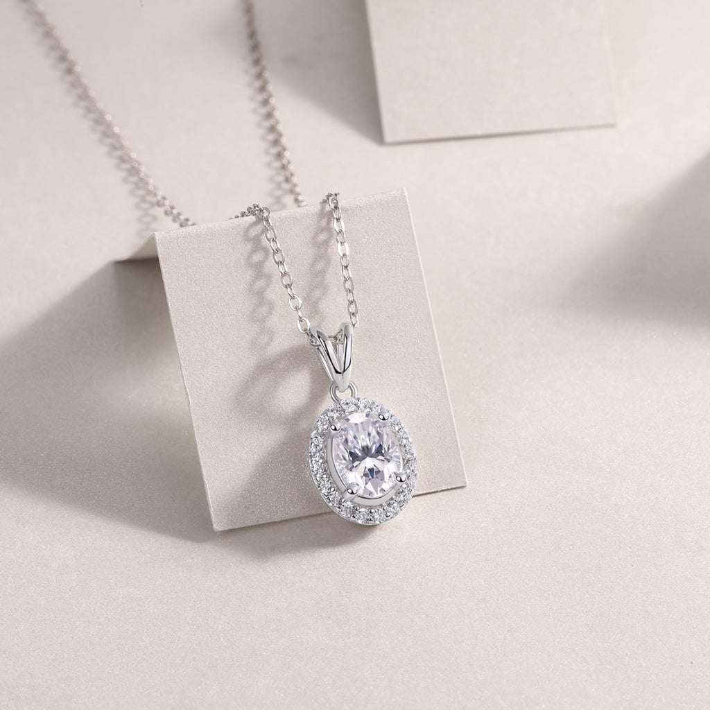 Verona Oval-Cut Moissanite Halo Pendant Necklace in Sterling Silver