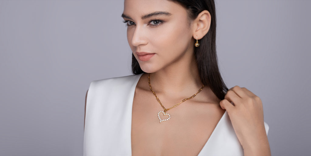 Amara Moissanite Heart Paperclip Necklace in Gold-Tone Sterling Silver