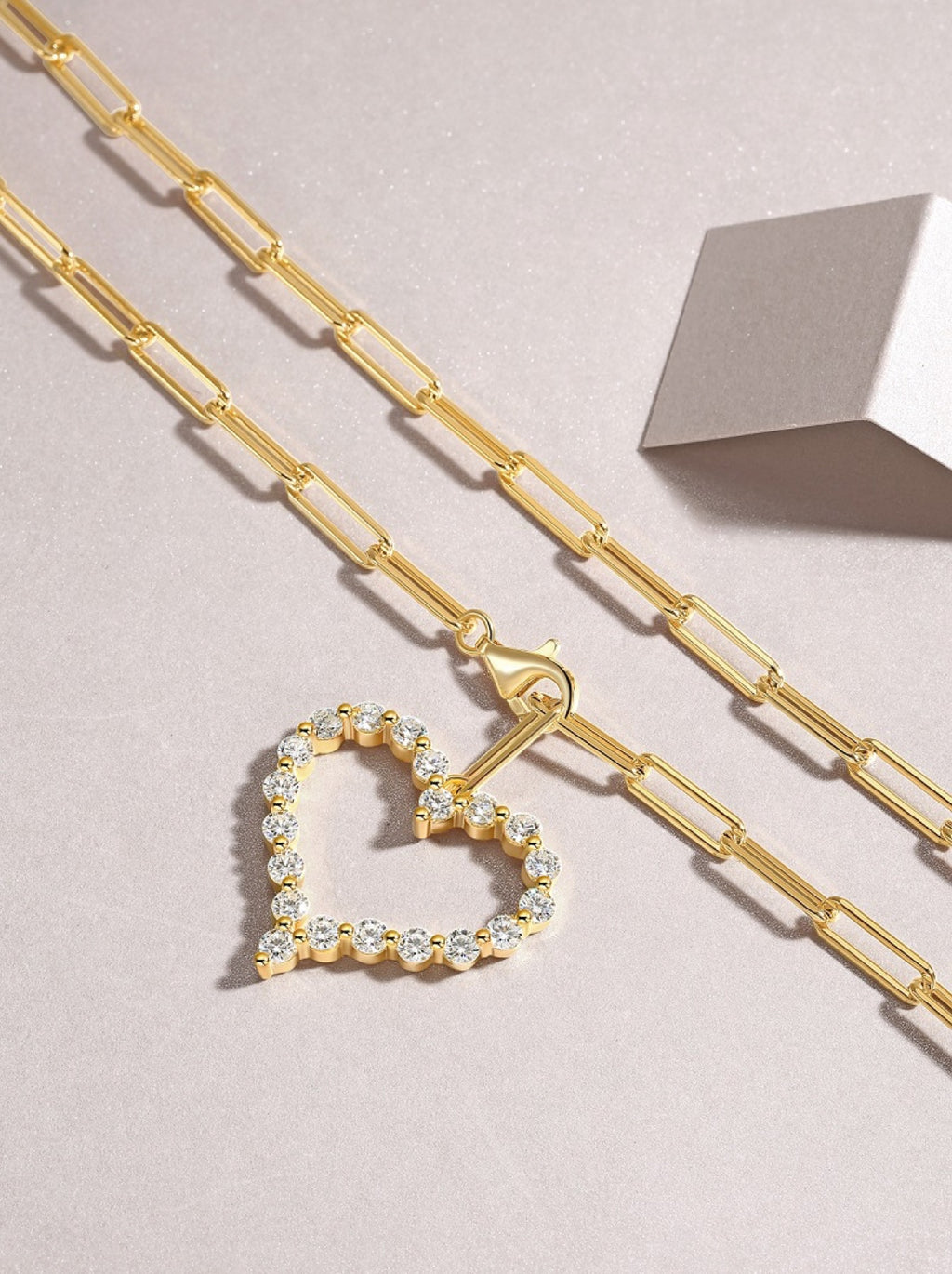 Amara Moissanite Heart Paperclip Necklace in Gold-Tone Sterling Silver