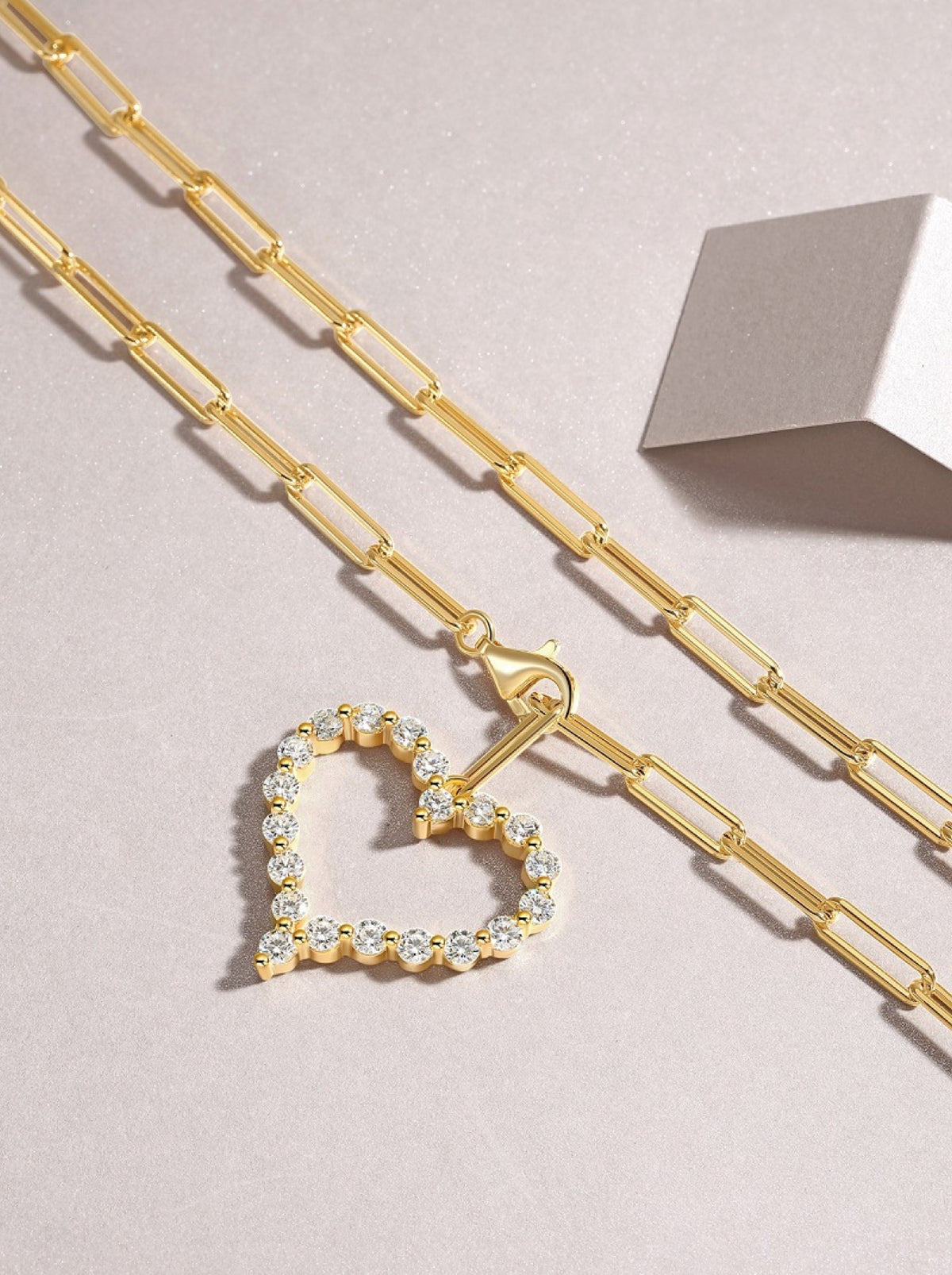 Amara Moissanite Heart Paperclip Necklace in Gold-Tone Sterling Silver