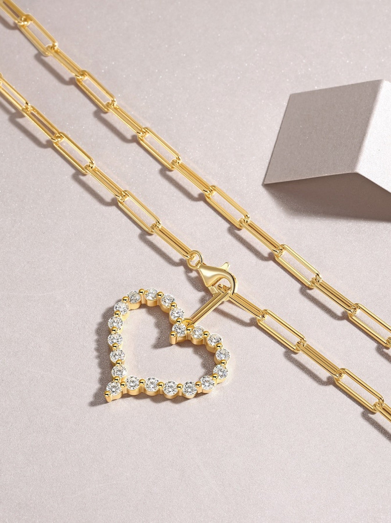 Amara Moissanite Heart Paperclip Necklace in Gold-Tone Sterling Silver