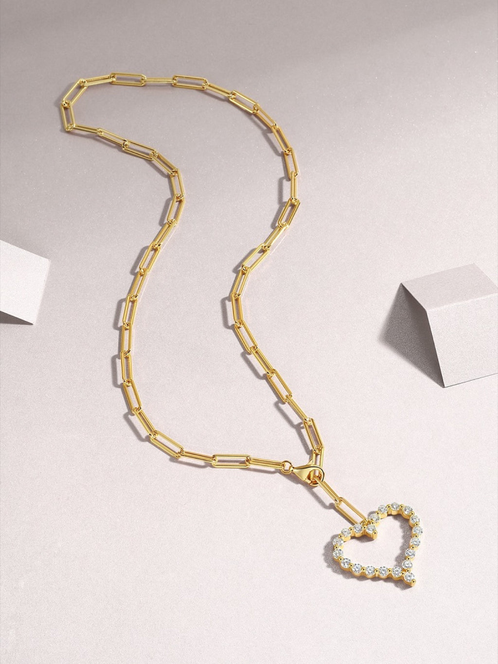 Amara Moissanite Heart Paperclip Necklace in Gold-Tone Sterling Silver