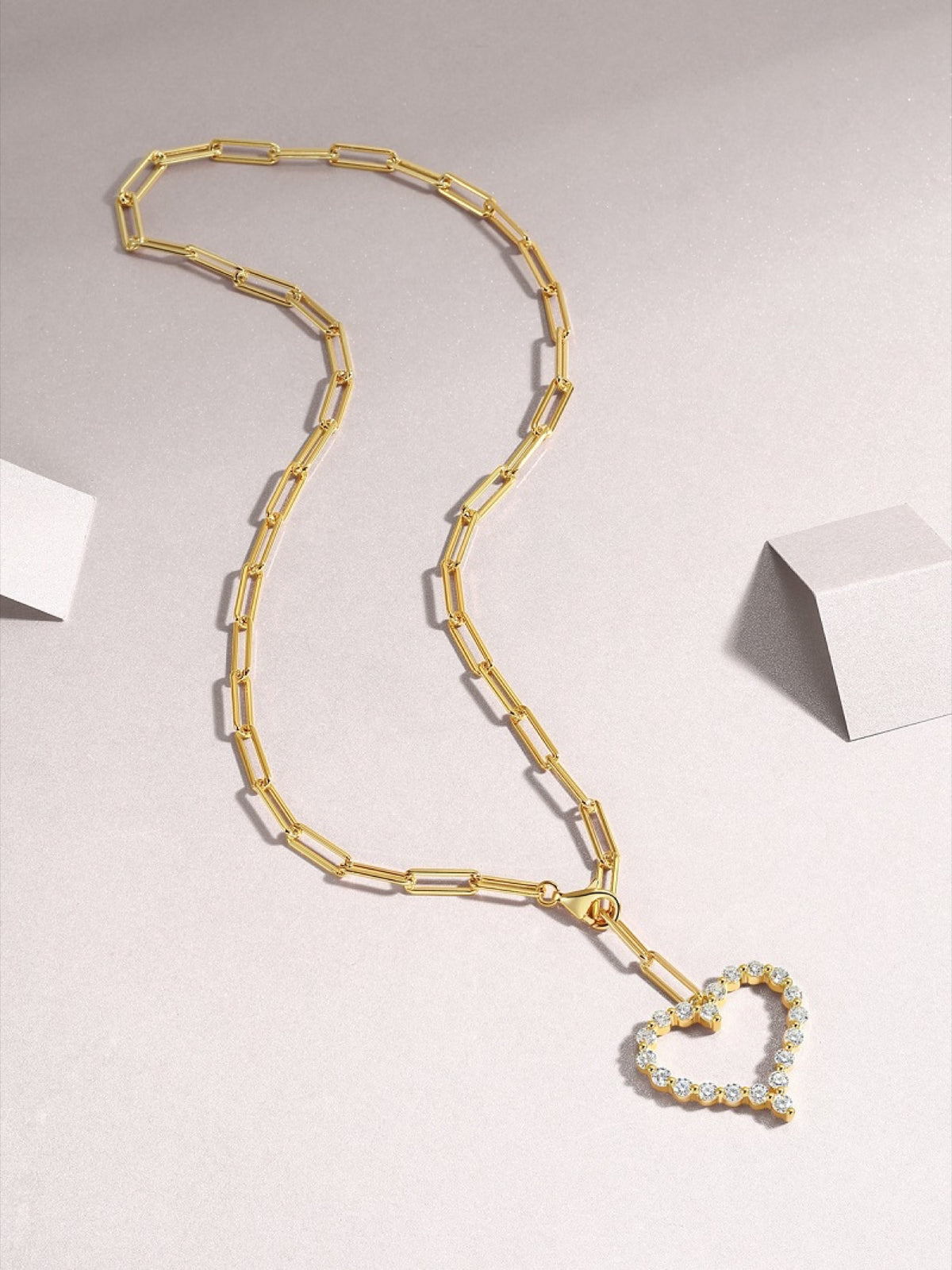 Amara Moissanite Heart Paperclip Necklace in Gold-Tone Sterling Silver