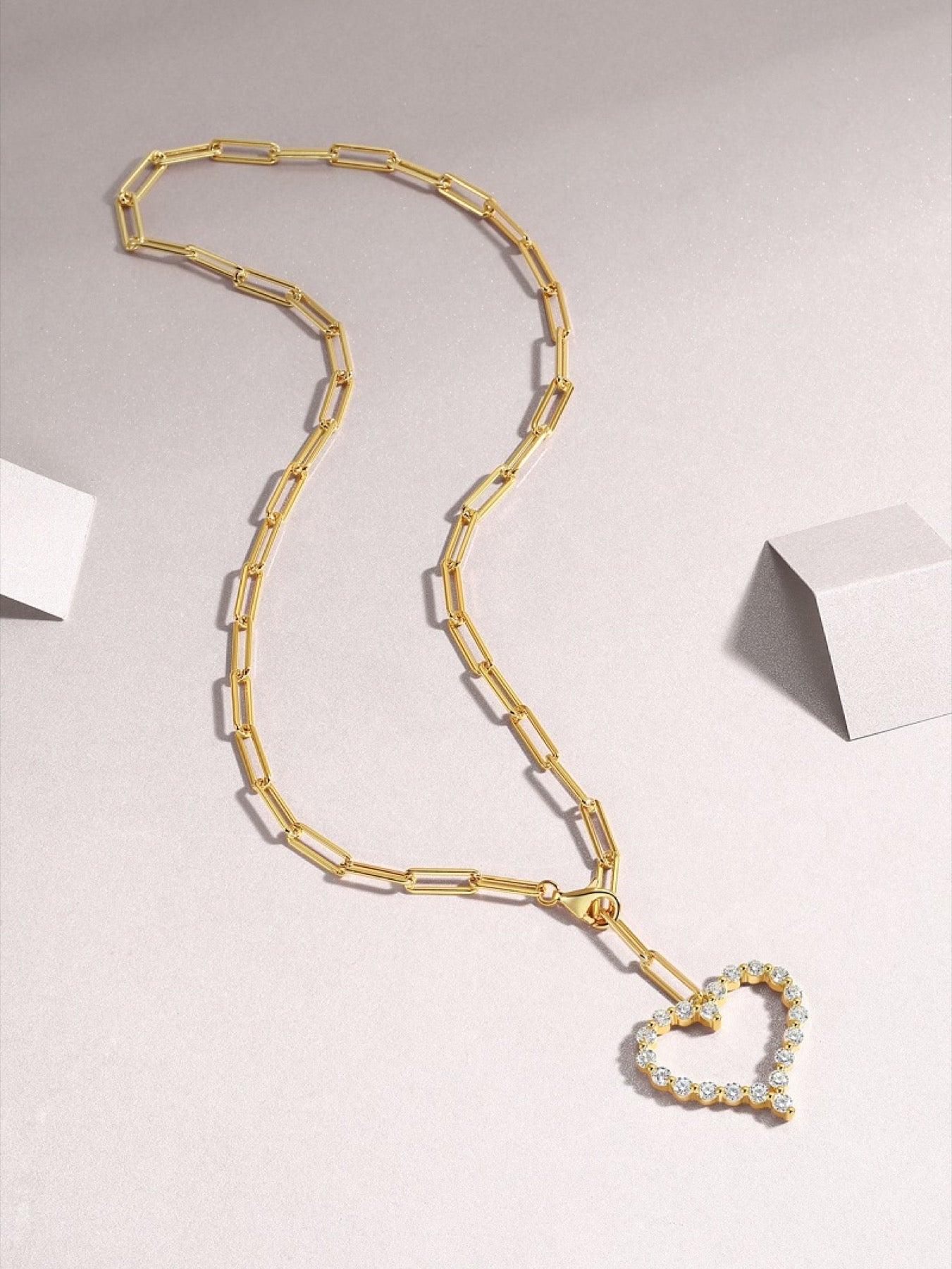 Amara Moissanite Heart Paperclip Necklace in Gold-Tone Sterling Silver