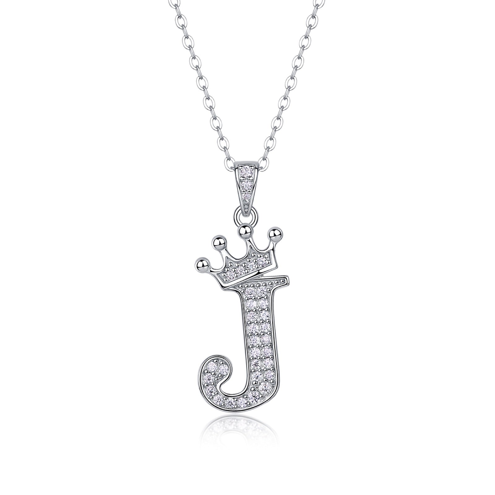 Initial J Moissanite Crown Pendant Necklace in Sterling Silver