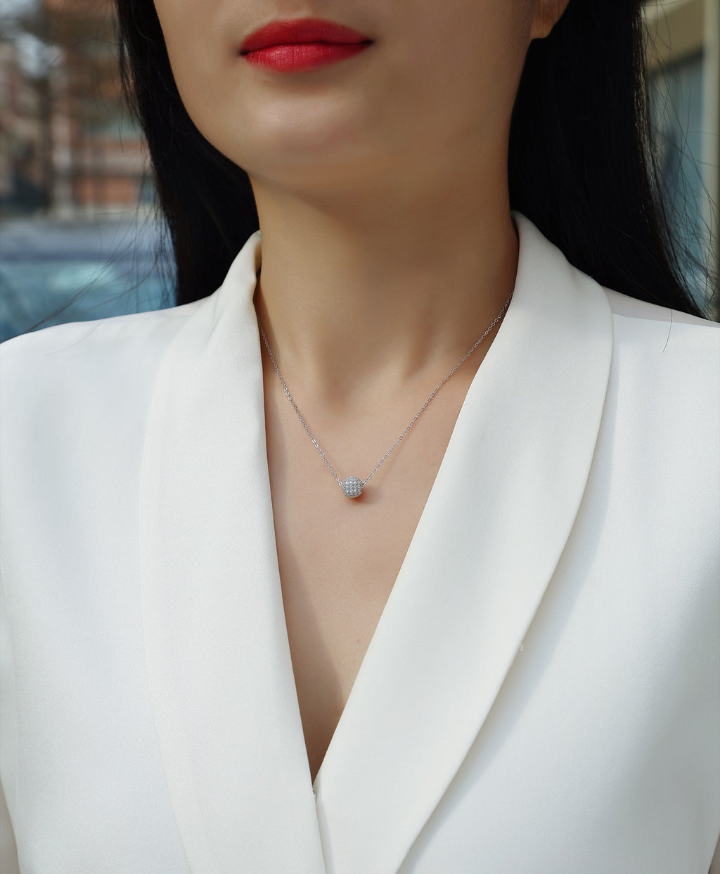 Rendezvous Moissanite Pavé Ball Pendant Necklace in Sterling Silver