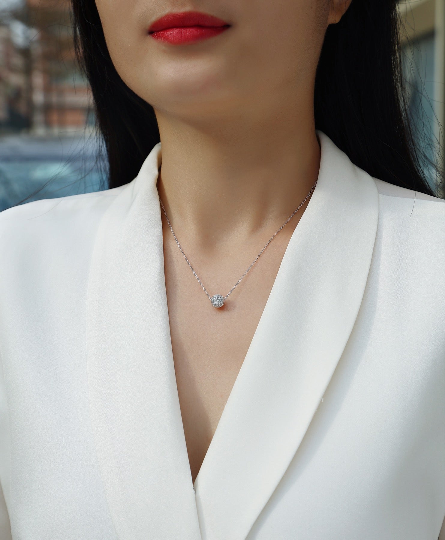 Rendezvous Moissanite Pavé Ball Pendant Necklace in Sterling Silver