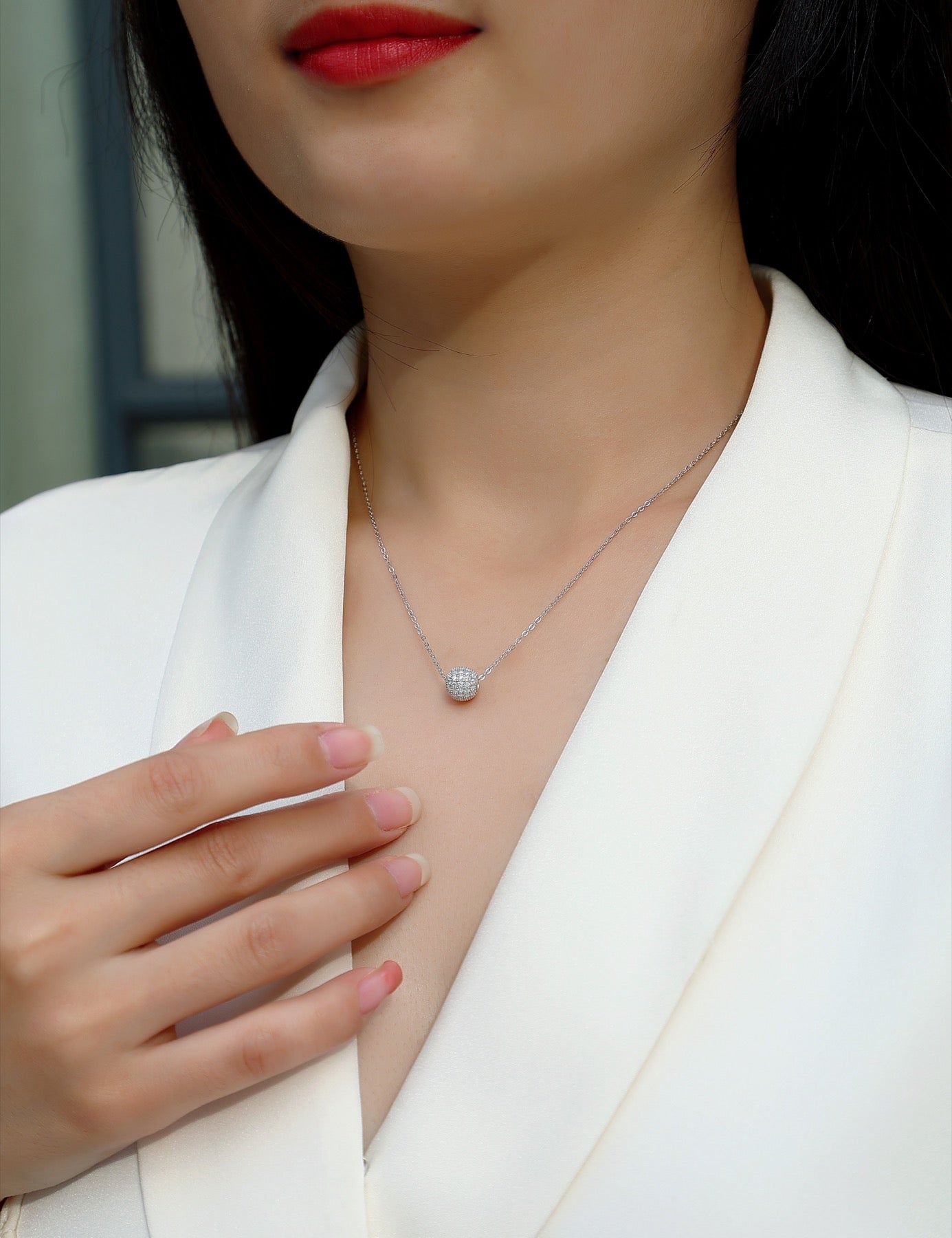 Rendezvous Moissanite Pavé Ball Pendant Necklace in Sterling Silver