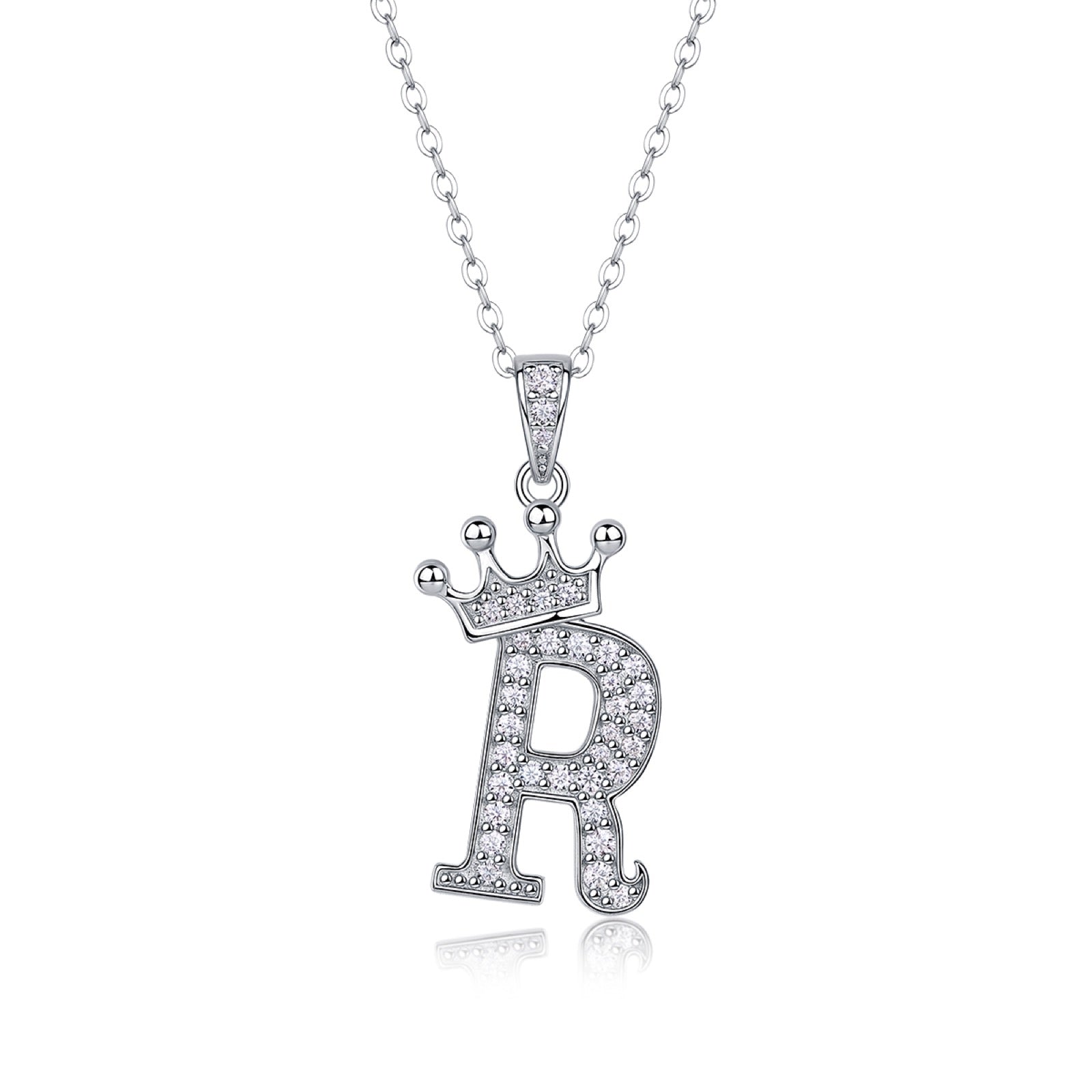 Initial R Moissanite Crown Pendant Necklace in Sterling Silver