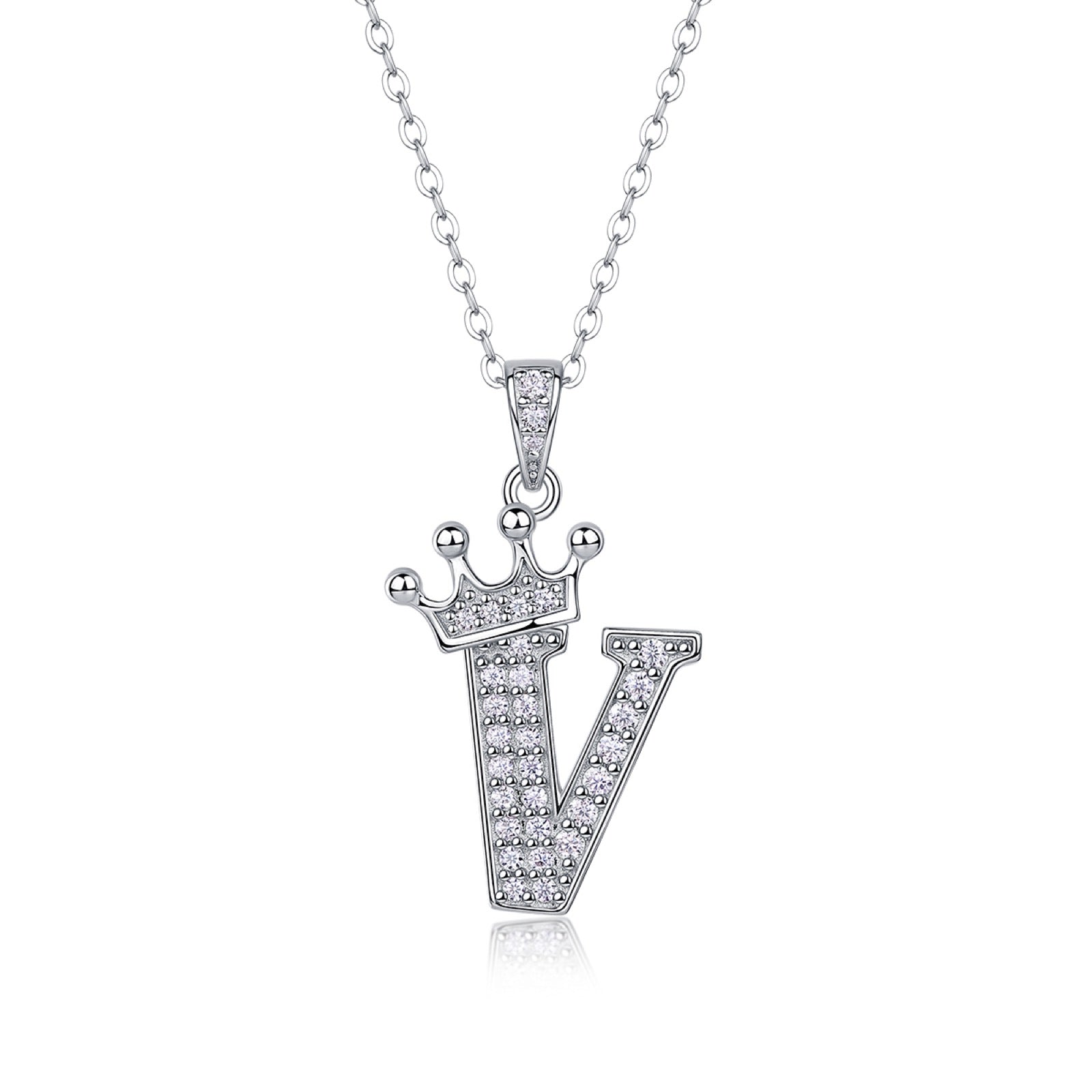 Initial V Moissanite Crown Pendant Necklace in Sterling Silver