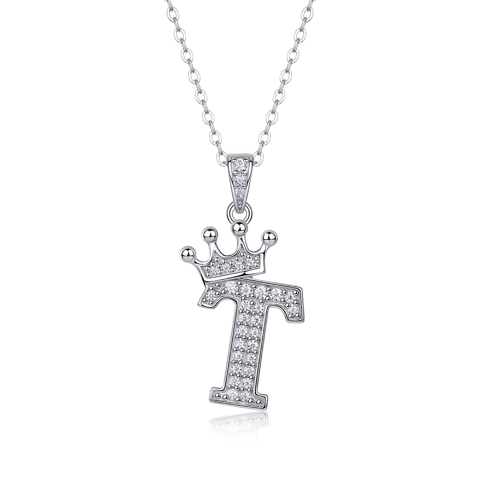 Initial T Moissanite Crown Pendant Necklace in Sterling Silver