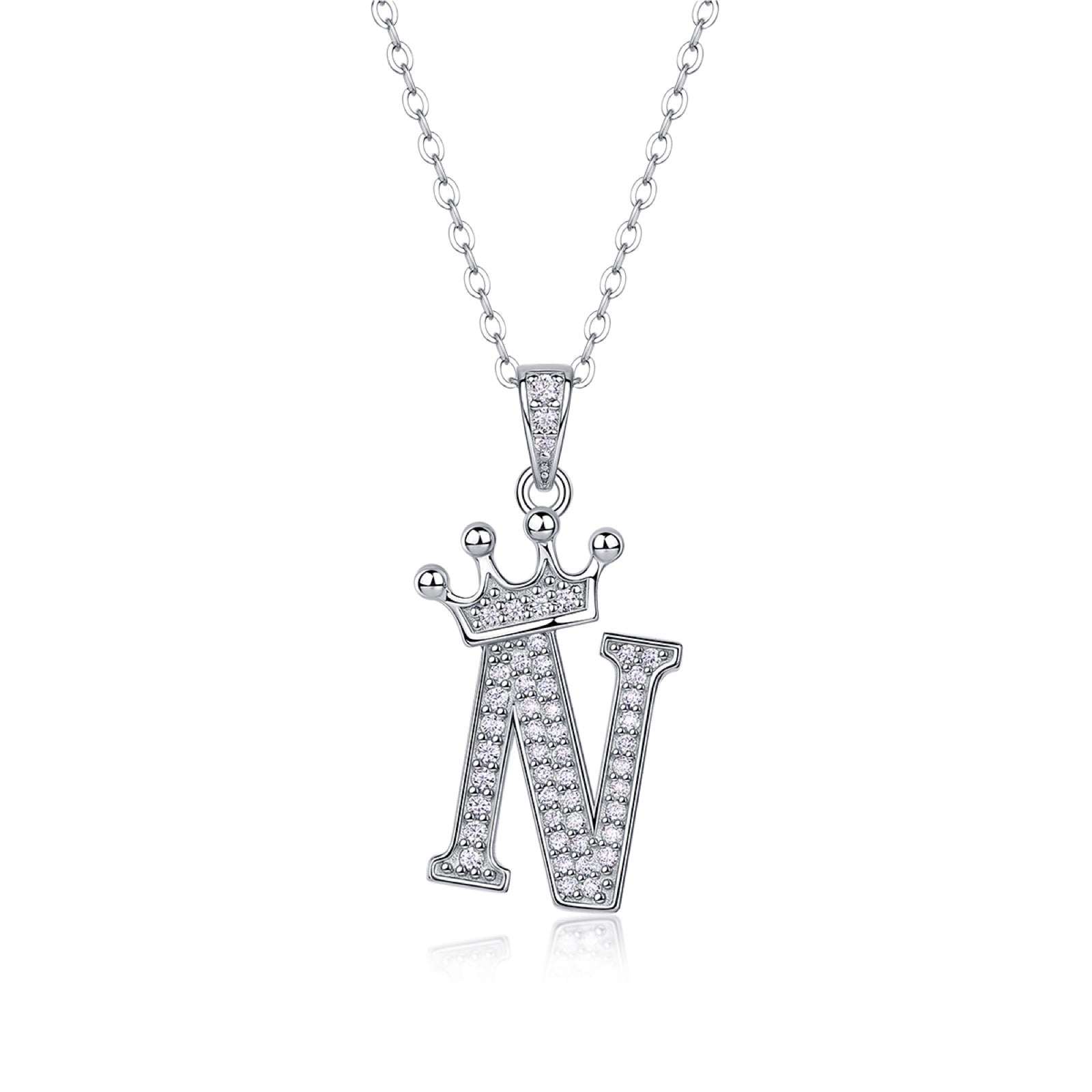Initial N Moissanite Crown Pendant Necklace in Sterling Silver