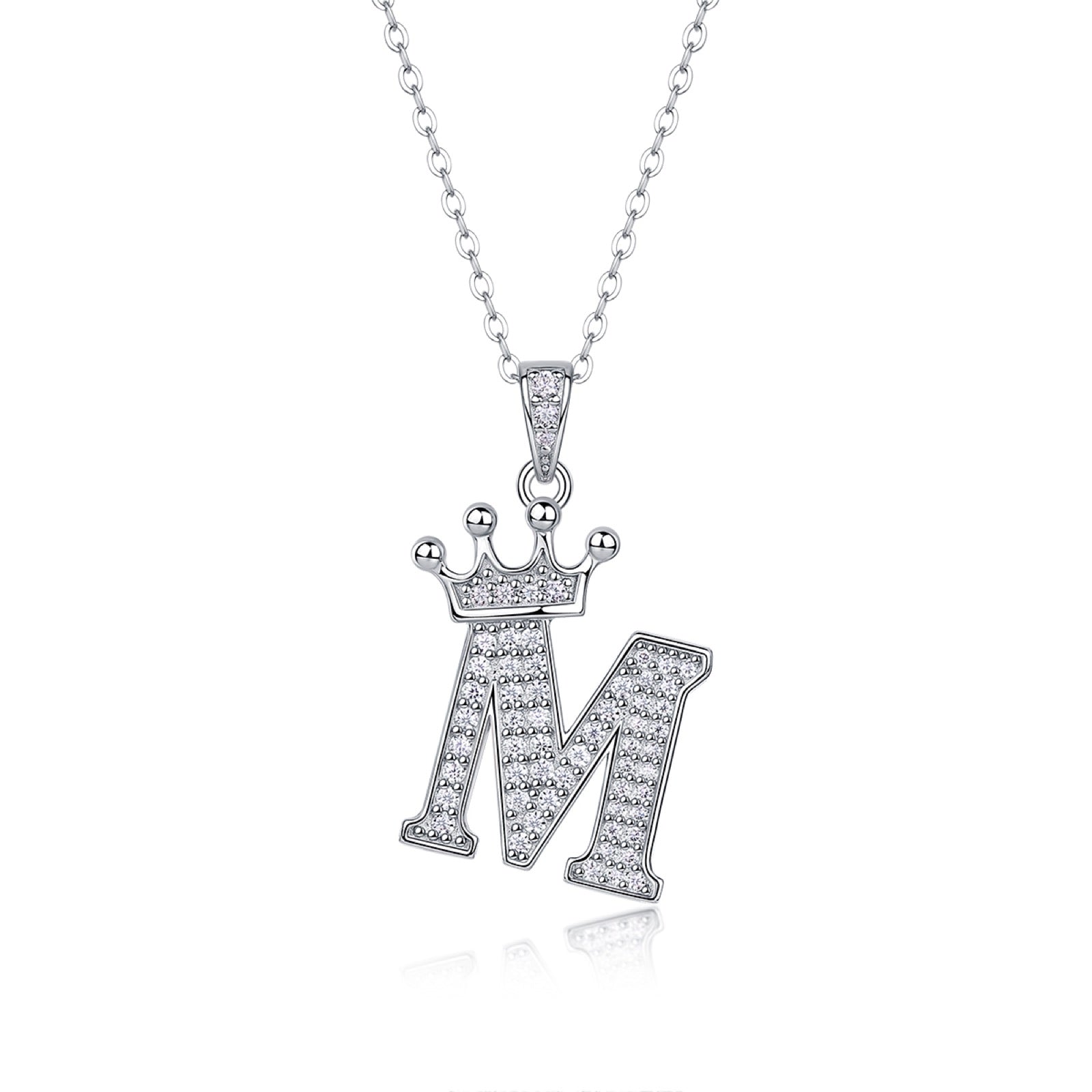 Initial M Moissanite Crown Pendant Necklace in Sterling Silver
