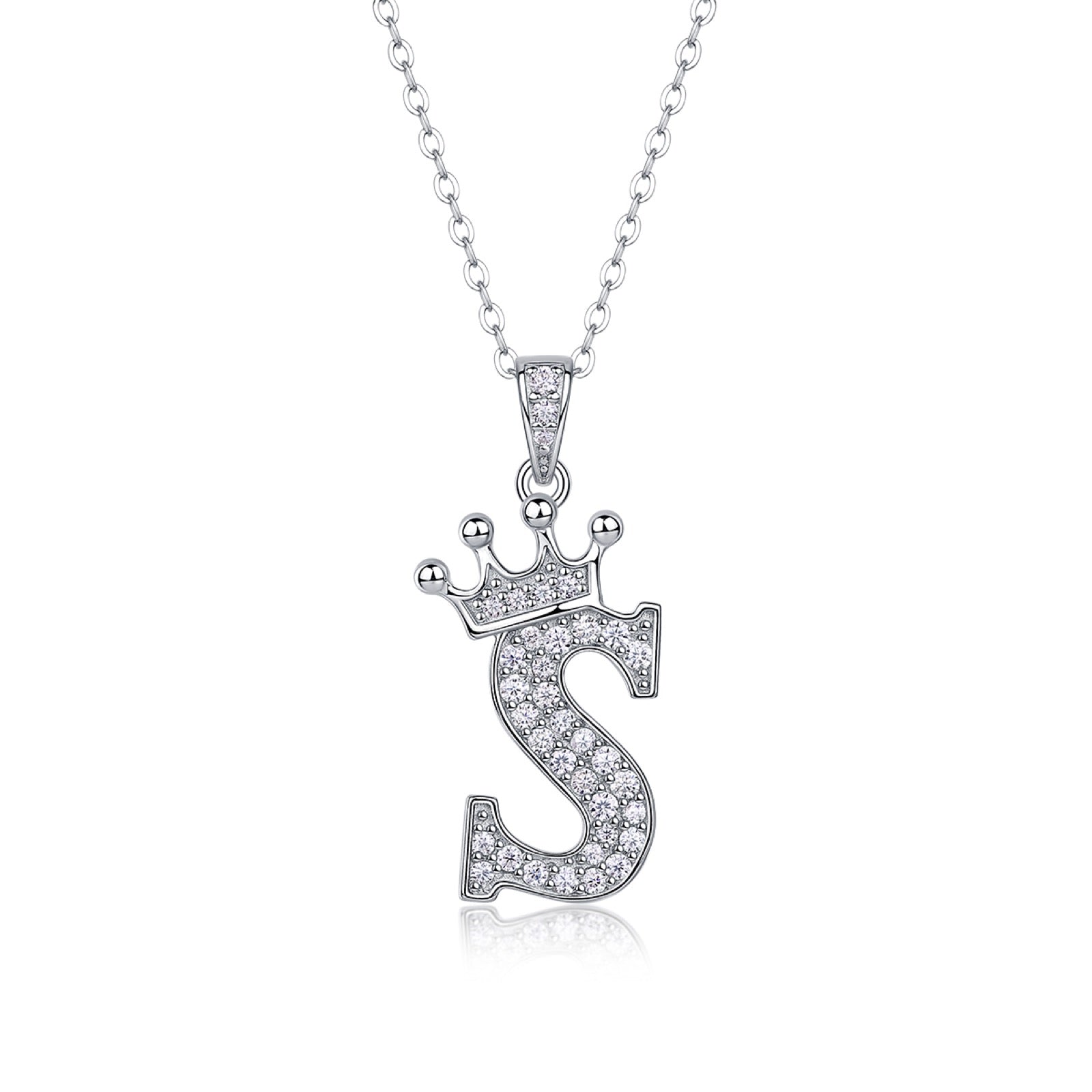 Initial S Moissanite Crown Pendant Necklace in Sterling Silver