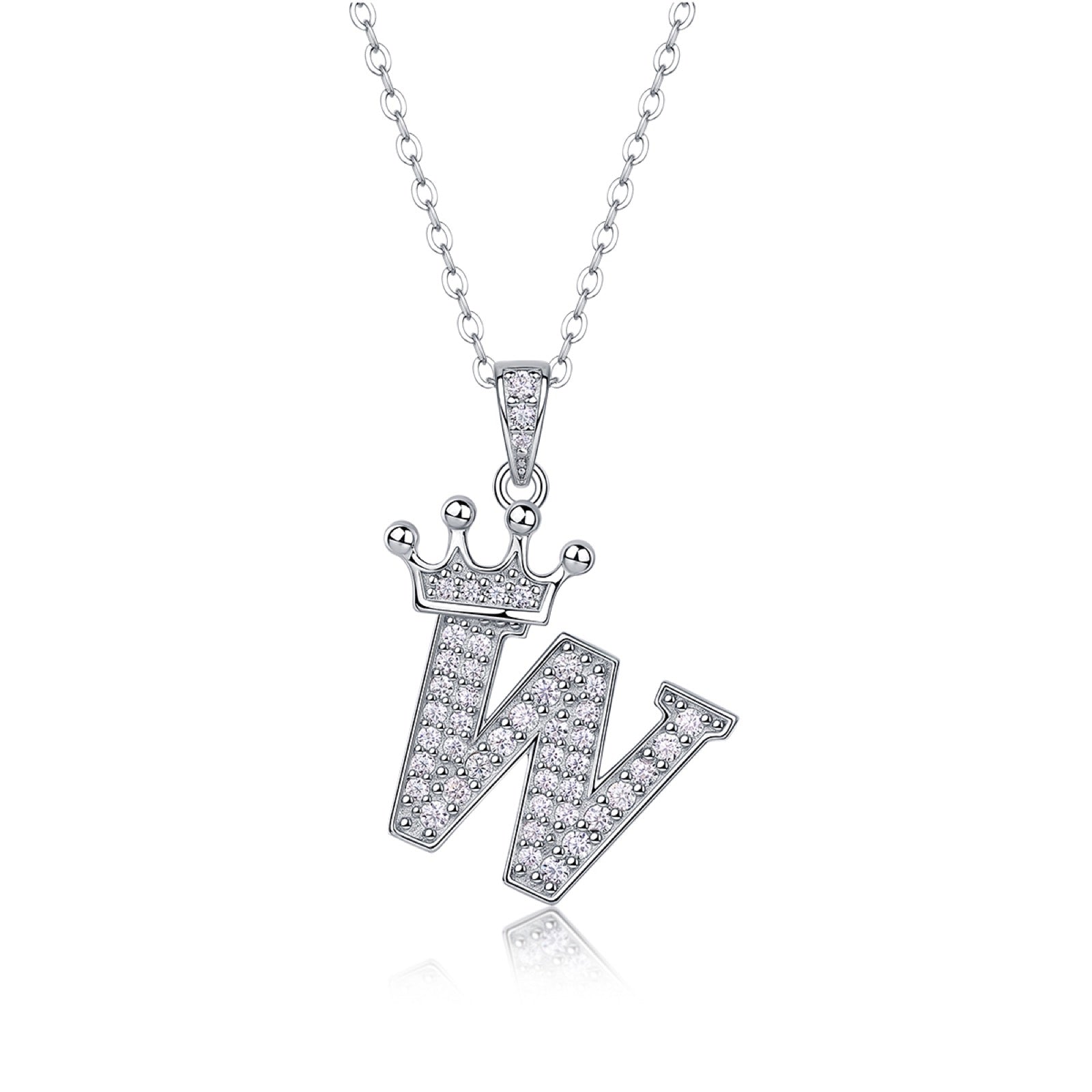 Initial W Moissanite Crown Pendant Necklace in Sterling Silver