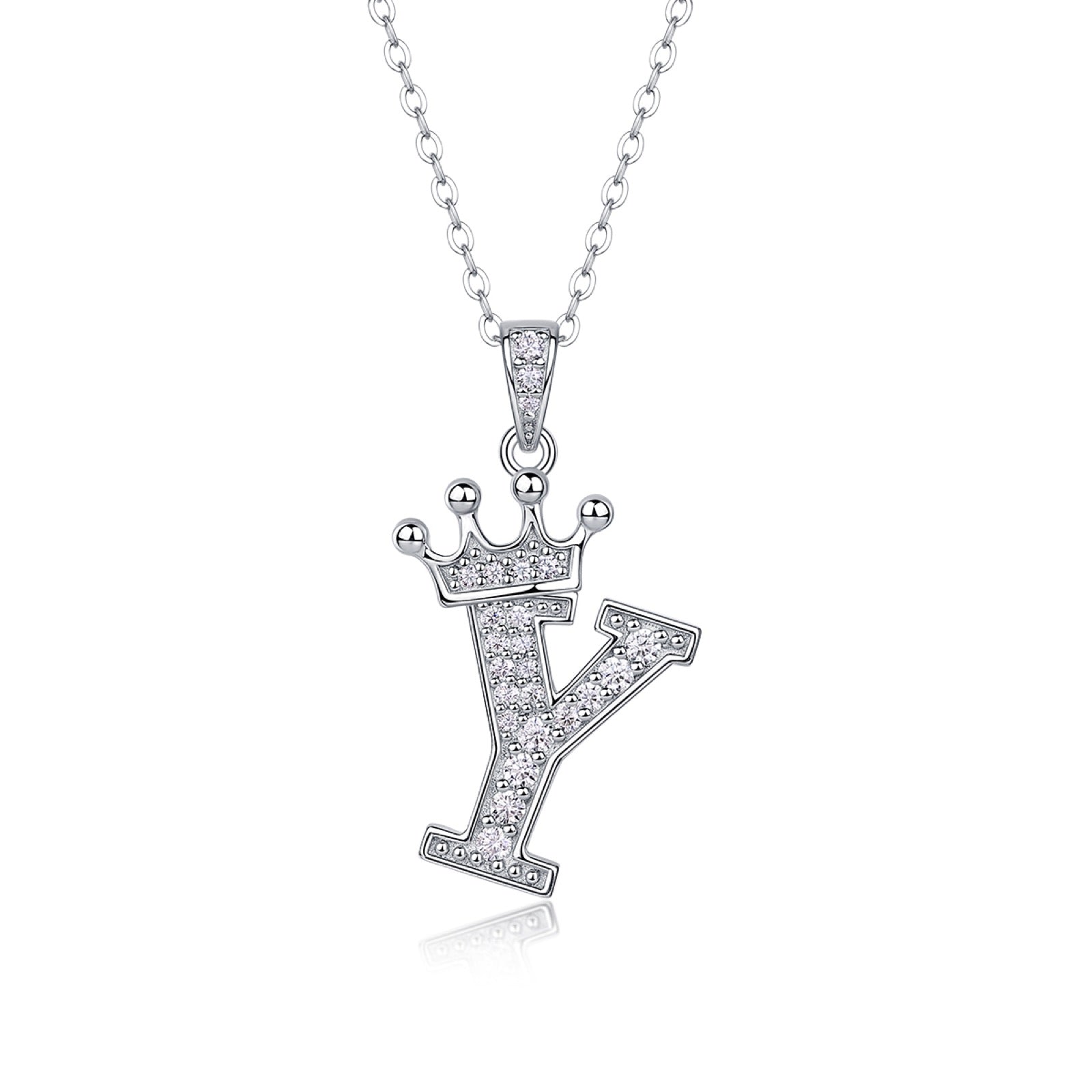 Initial Y Moissanite Crown Pendant Necklace in Sterling Silver