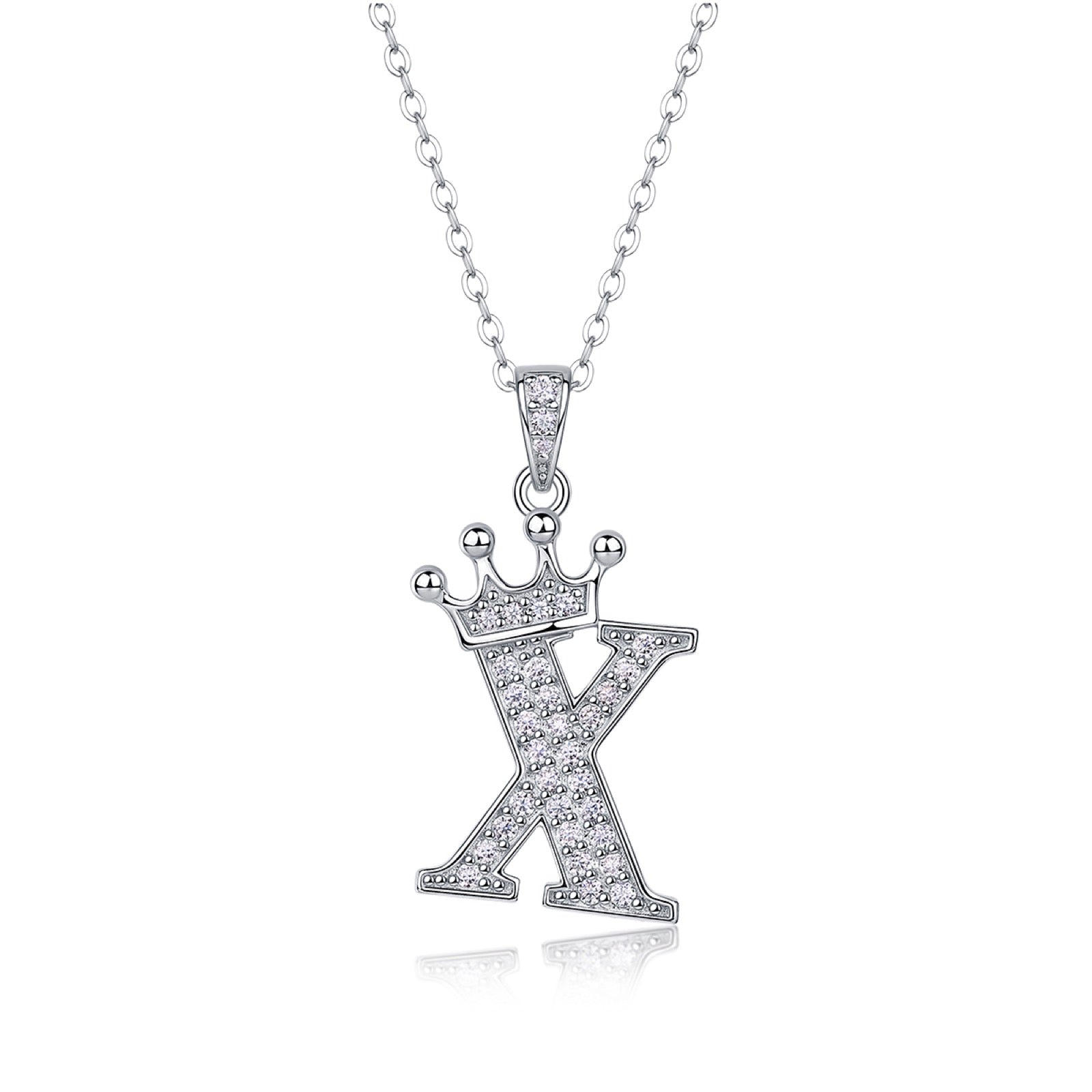 Initial X Moissanite Crown Pendant Necklace in Sterling Silver