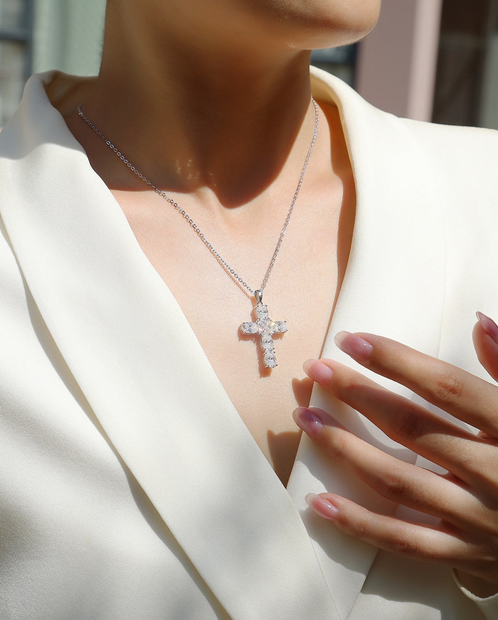 Guiding Light Moissanite Cross Necklace in Sterling Silver
