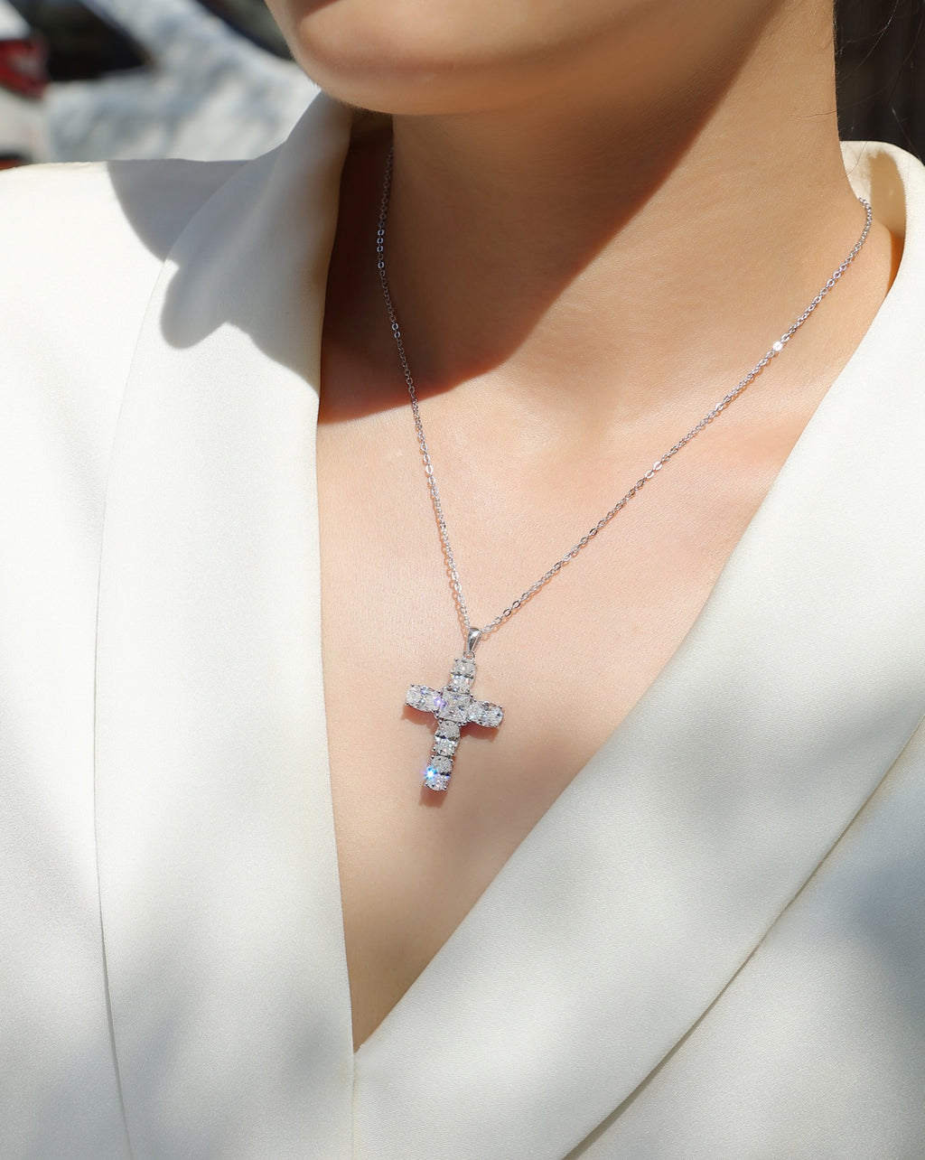 Guiding Light Moissanite Cross Necklace in Sterling Silver