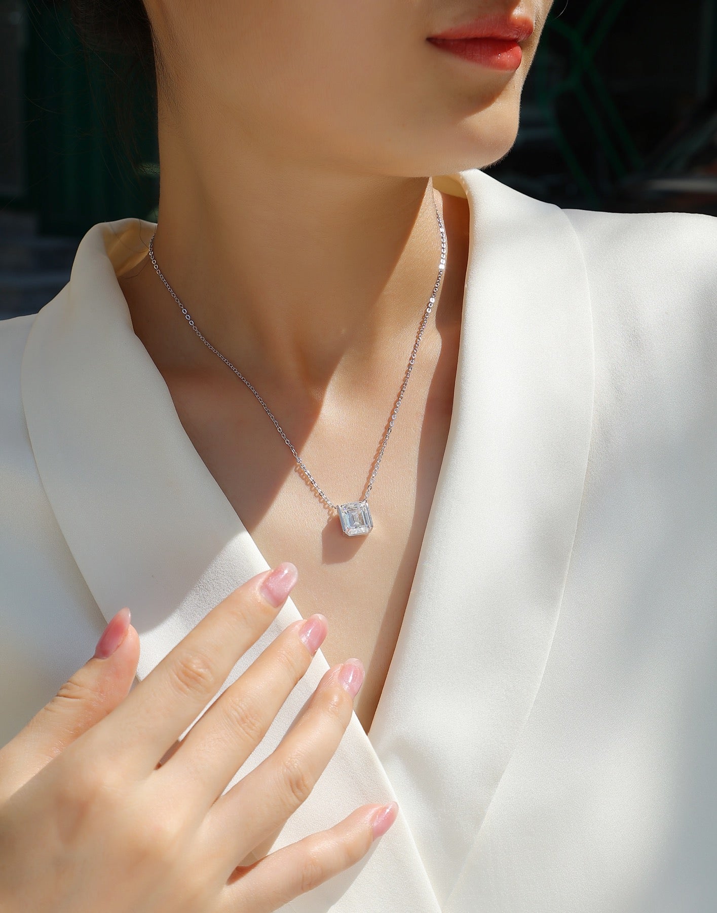Monolith Moissanite Emerald-Cut Pendant Necklace in Sterling Silver