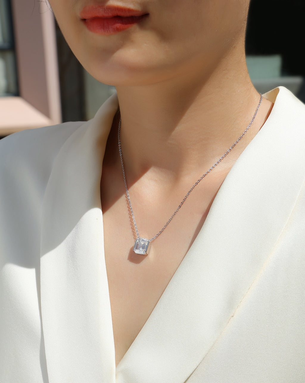 Monolith Moissanite Emerald-Cut Pendant Necklace in Sterling Silver