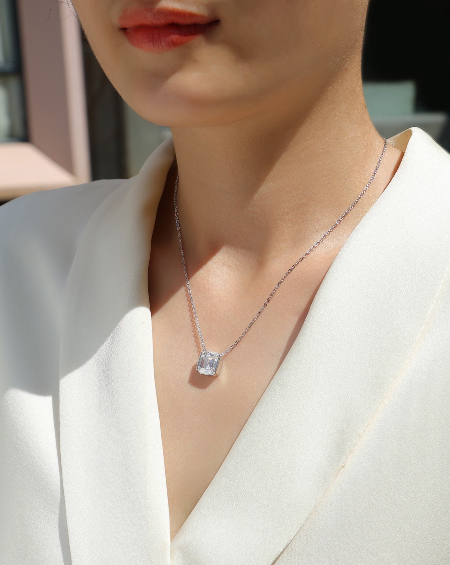 Monolith Moissanite Emerald-Cut Pendant Necklace in Sterling Silver