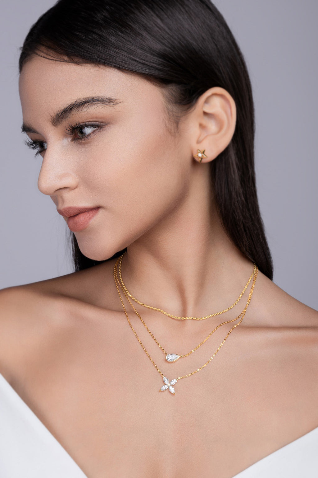 Cadence Moissanite Triple Layered Necklace in Gold-Tone Sterling Silver