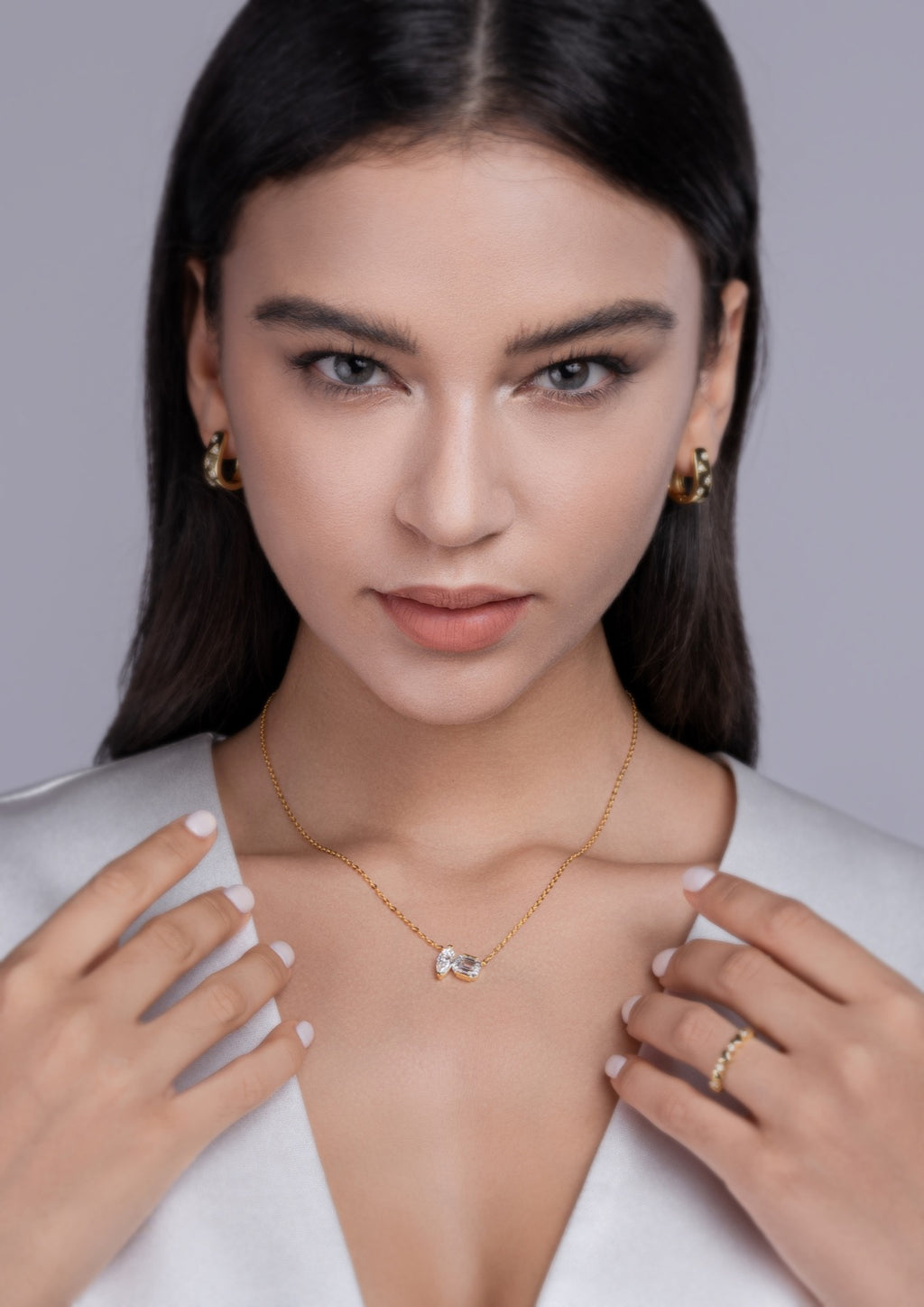 Duet Moissanite Two-Stone Necklace in Gold-Tone Sterling Silver