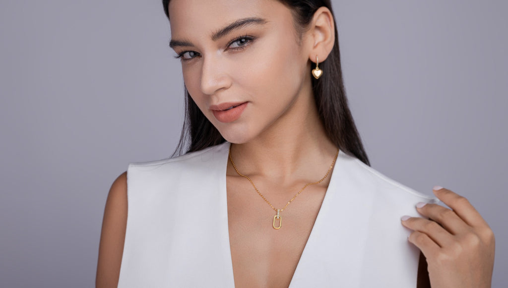 Geo Moissanite Oval Link Pendant Necklace in Gold-Tone Sterling Silver