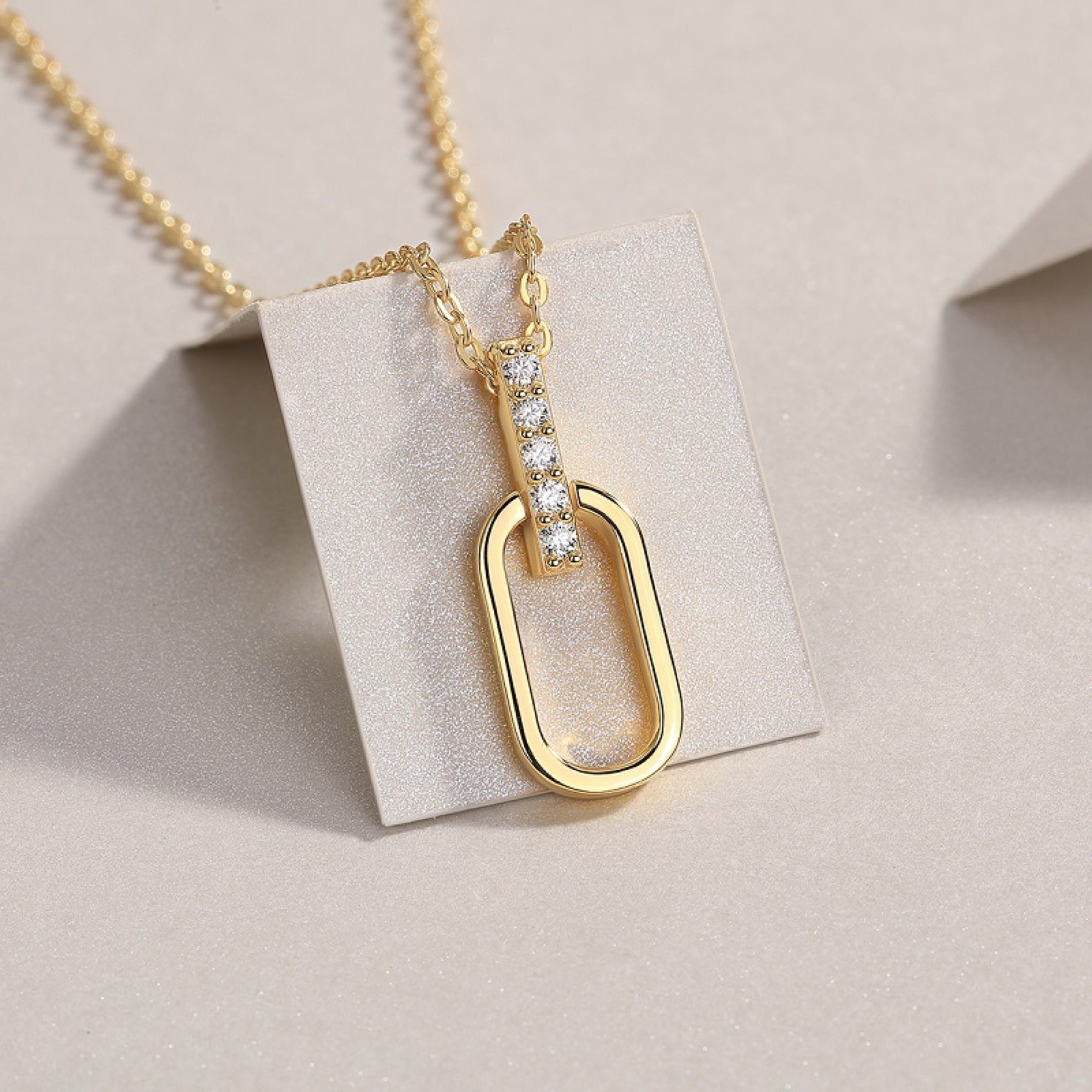 Geo Moissanite Oval Link Pendant Necklace in Gold-Tone Sterling Silver