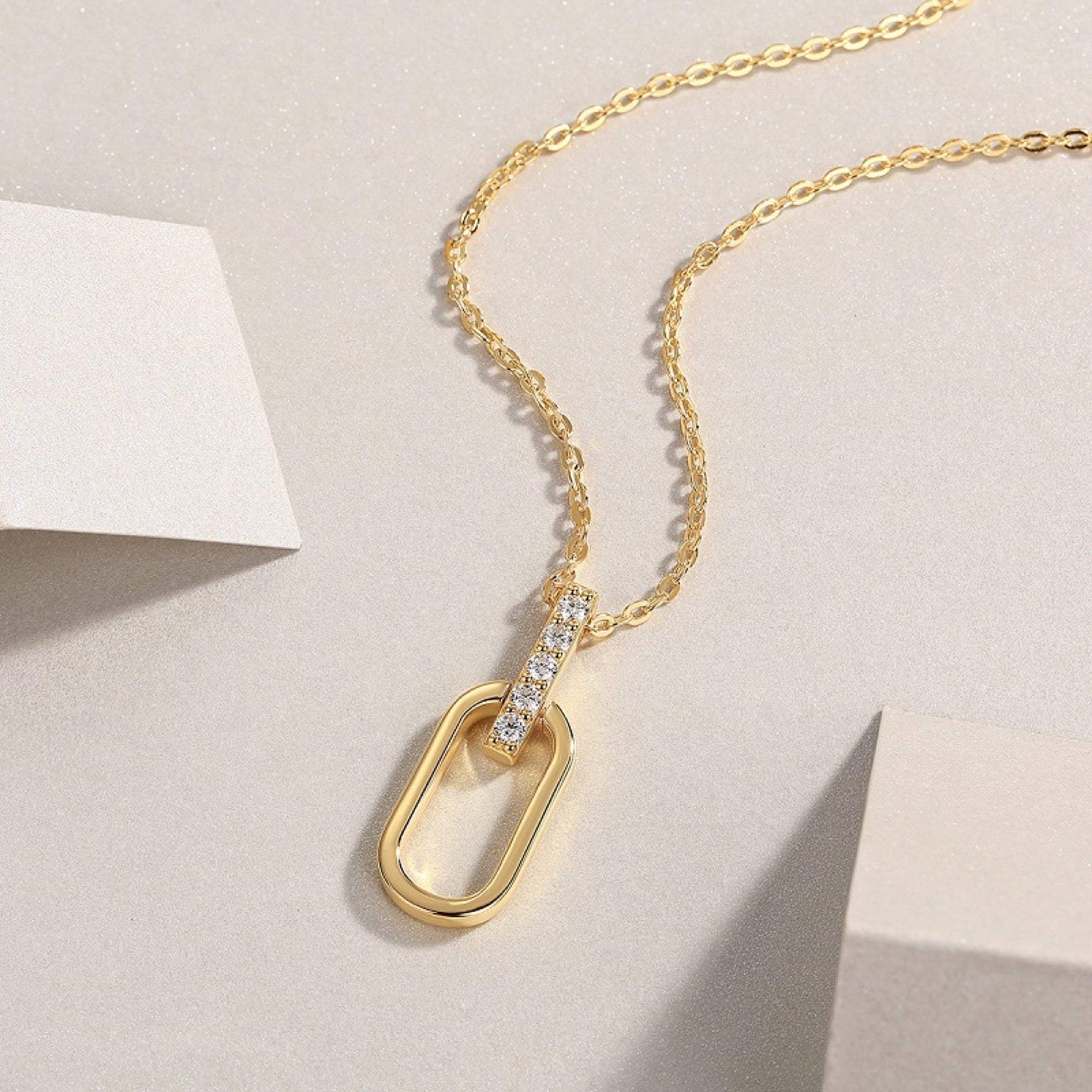 Geo Moissanite Oval Link Pendant Necklace in Gold-Tone Sterling Silver