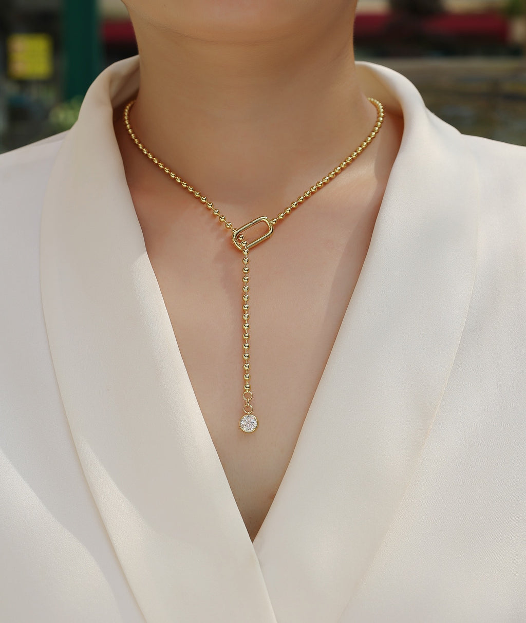 Fringe 1 Carat Moissanite Beaded Lariat Necklace in Gold-Tone Sterling Silver