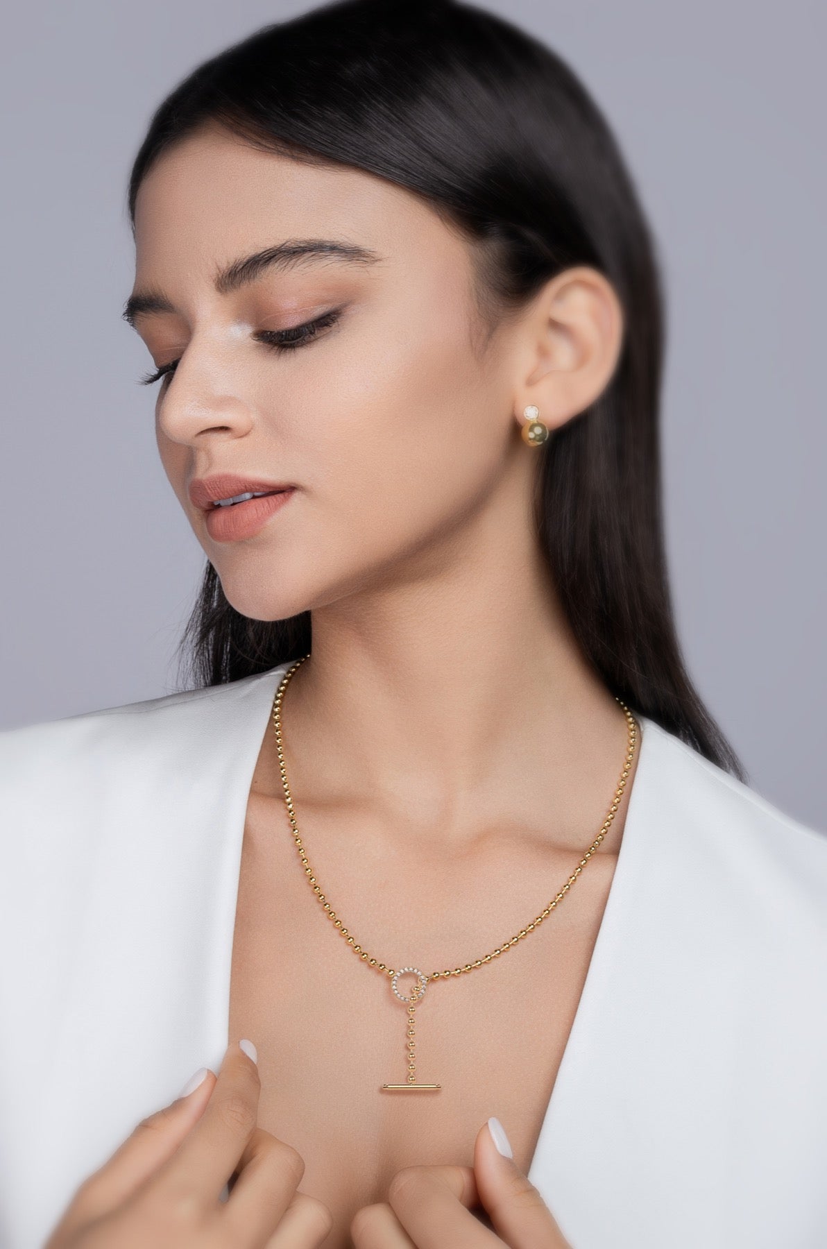 Aria Moissanite Beaded Toggle Necklace in Gold-Tone Sterling Silver