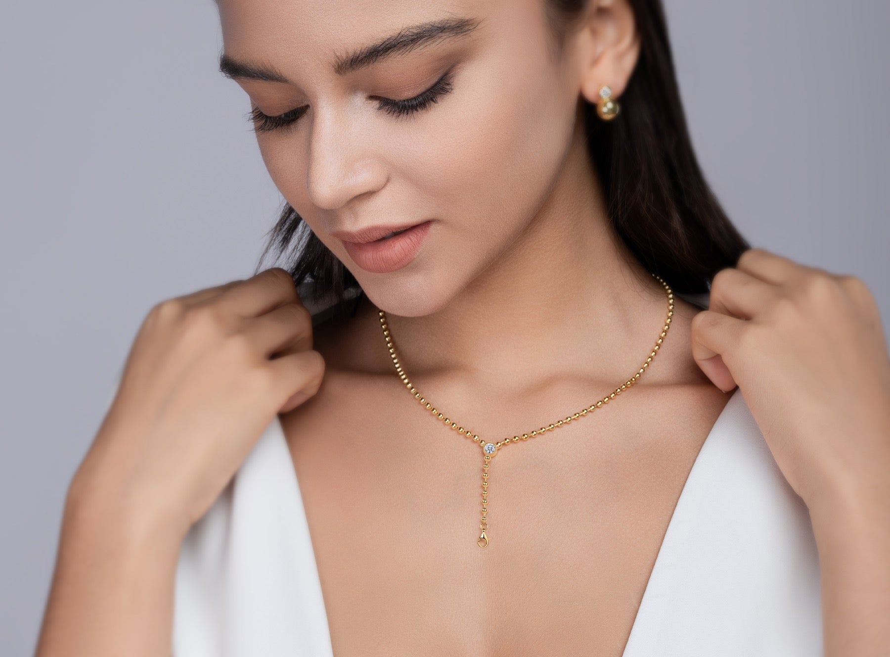 Interlace Moissanite Beaded Lariat Necklace in Gold-Tone Sterling Silver