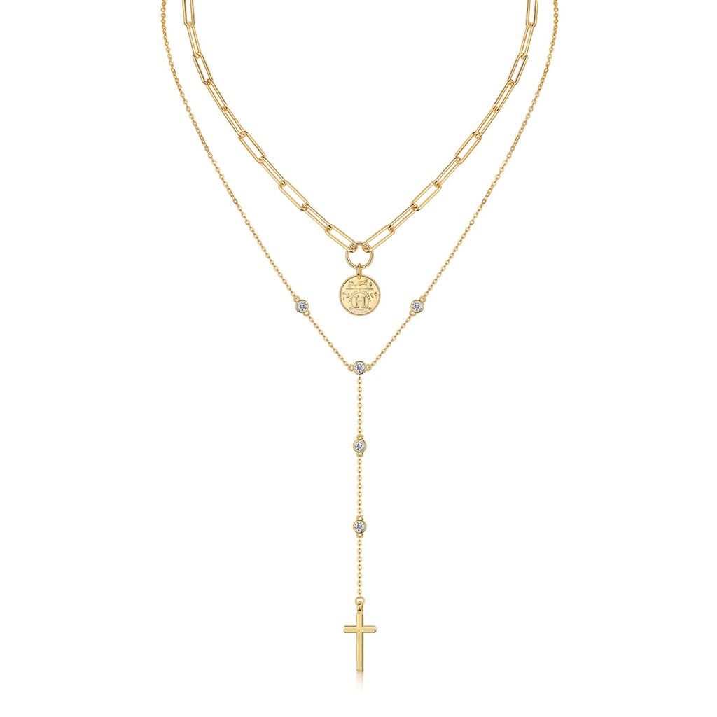 Sanctify Moissanite Layered Cross Necklace in Gold-Tone Sterling Silver