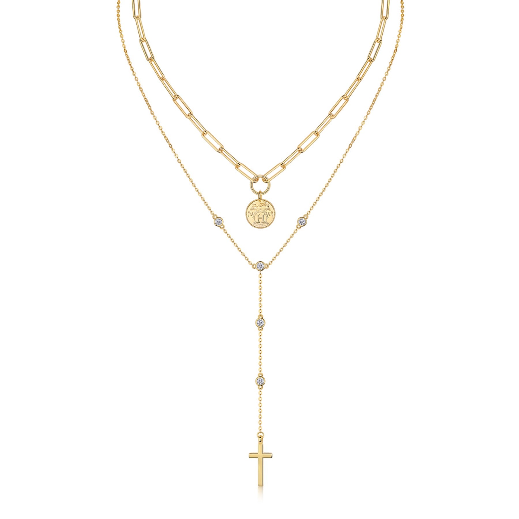 Sanctify Moissanite Layered Cross Necklace in Gold-Tone Sterling Silver