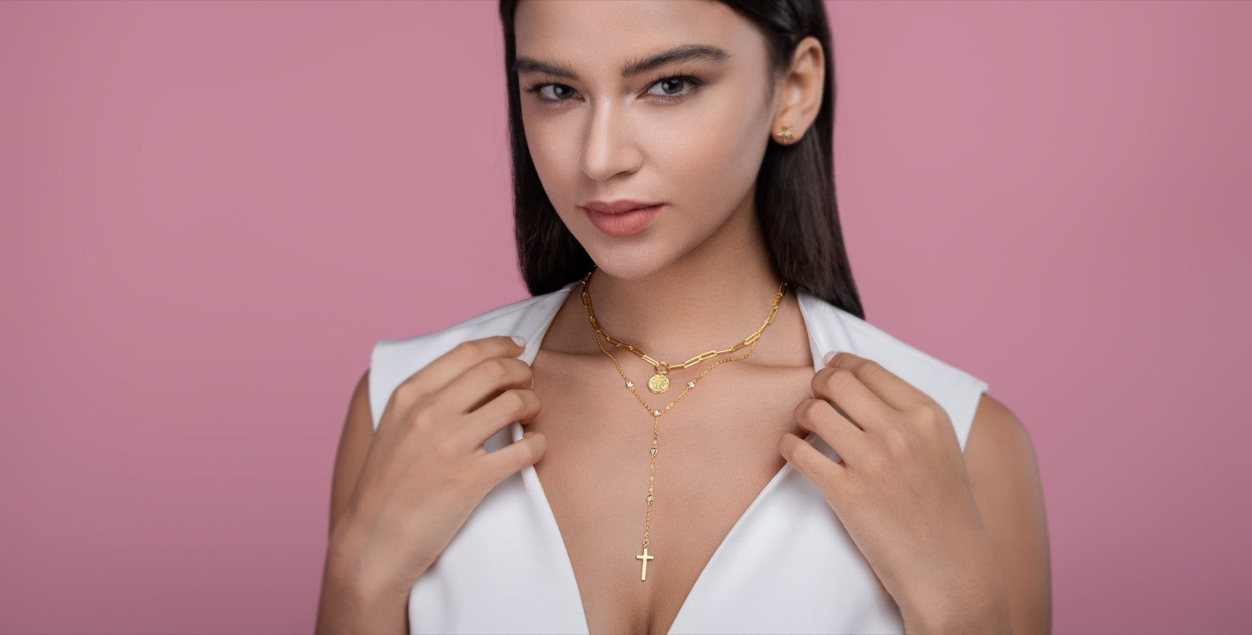Sanctify Moissanite Layered Cross Necklace in Gold-Tone Sterling Silver