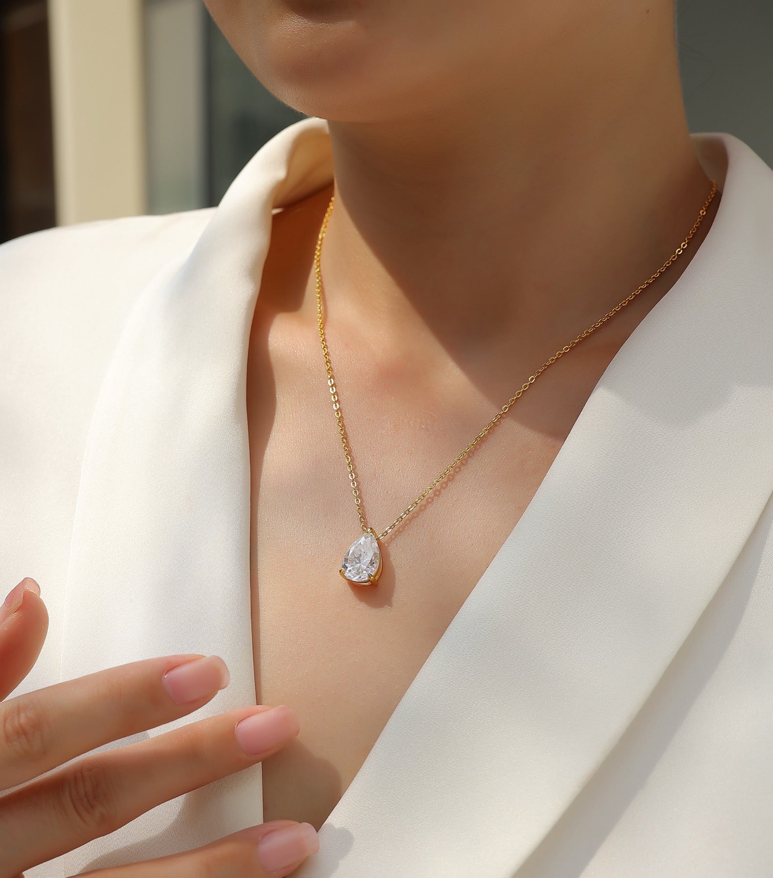 Moonrain Moissanite Pear Pendant Necklace in Sterling Silver