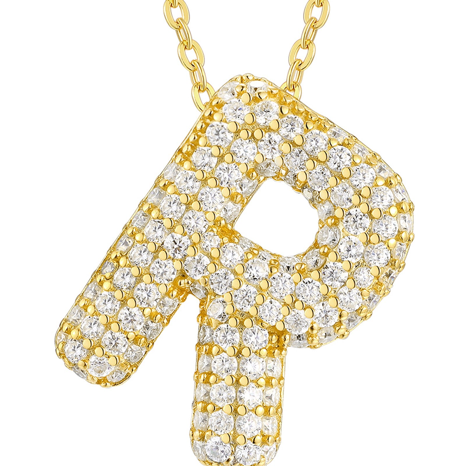 Initial R Moissanite Bubble Pendant Necklace in Gold-Tone Sterling Silver — detail