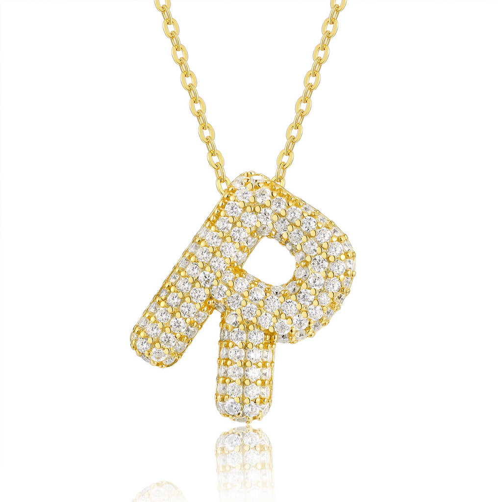 Initial R Moissanite Bubble Pendant Necklace in Gold-Tone Sterling Silver