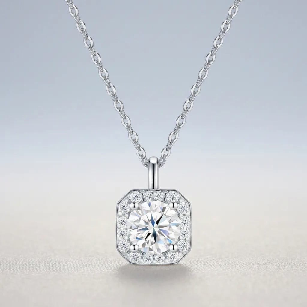 Solstice 1 Carat Moissanite Halo Pendant Necklace in Sterling Silver