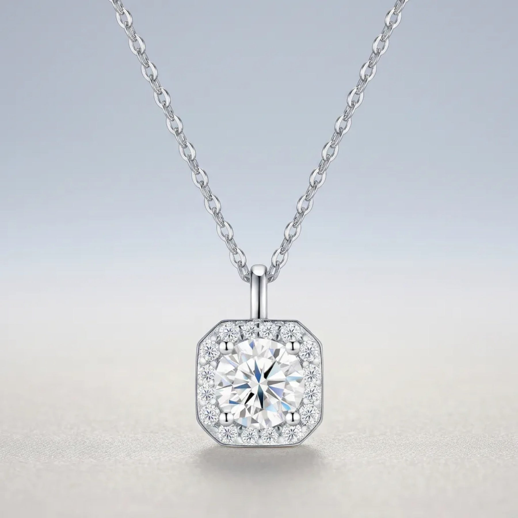 Solstice 1 Carat Moissanite Halo Pendant Necklace in Sterling Silver