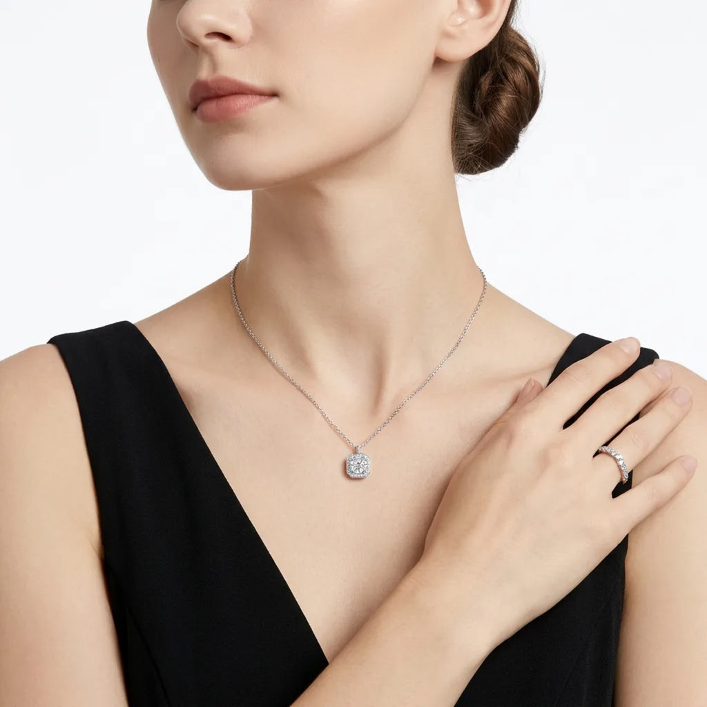 Solstice 1 Carat Moissanite Halo Pendant Necklace in Sterling Silver