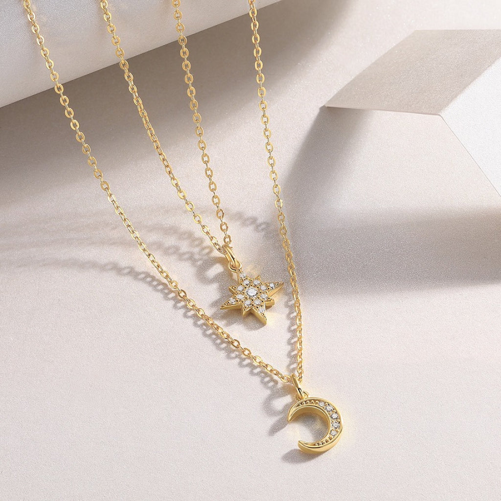 Nebula Moissanite Layered Celestial Necklace in Gold-Tone Sterling Silver