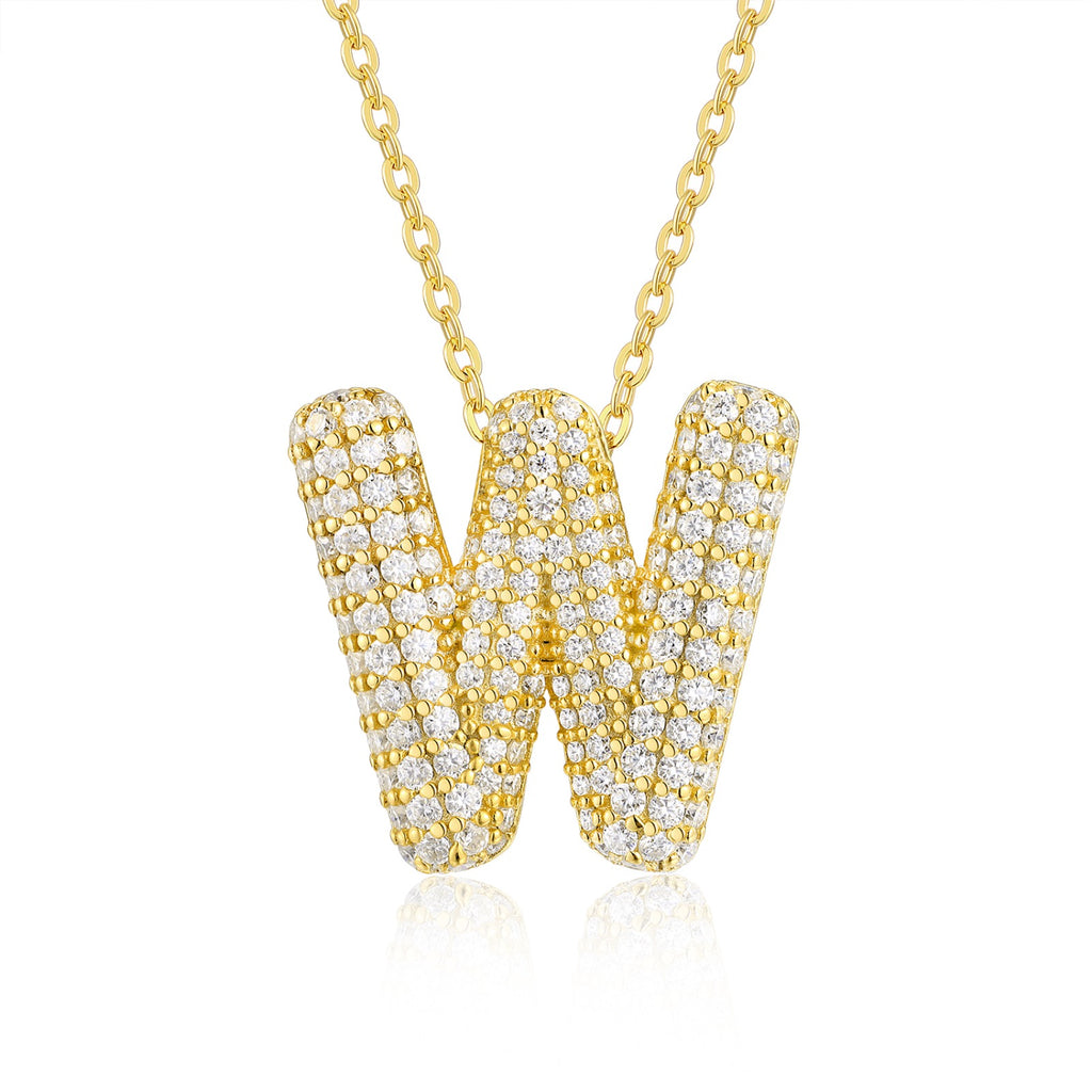 Initial W Moissanite Bubble Pendant Necklace in Gold-Tone Sterling Silver